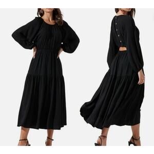 ASTR The Label Boho Blouson Dress Balloon Sleeve Cut-out Back Floral Monotone M